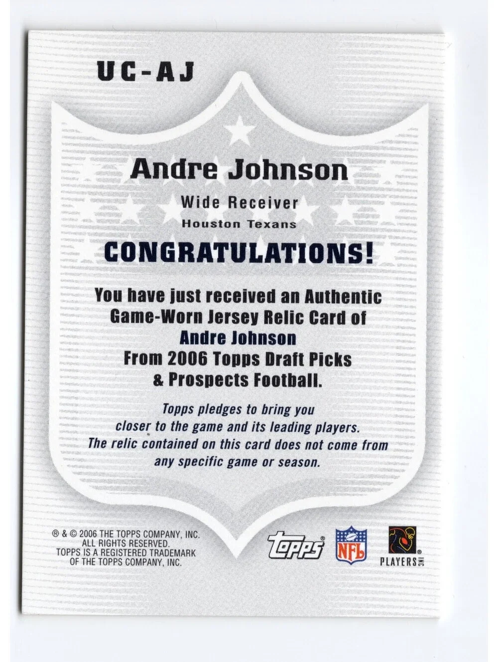 2006 Topps Draft Picks & Prospects Andre Johson Upperclassmen Relic Game Used